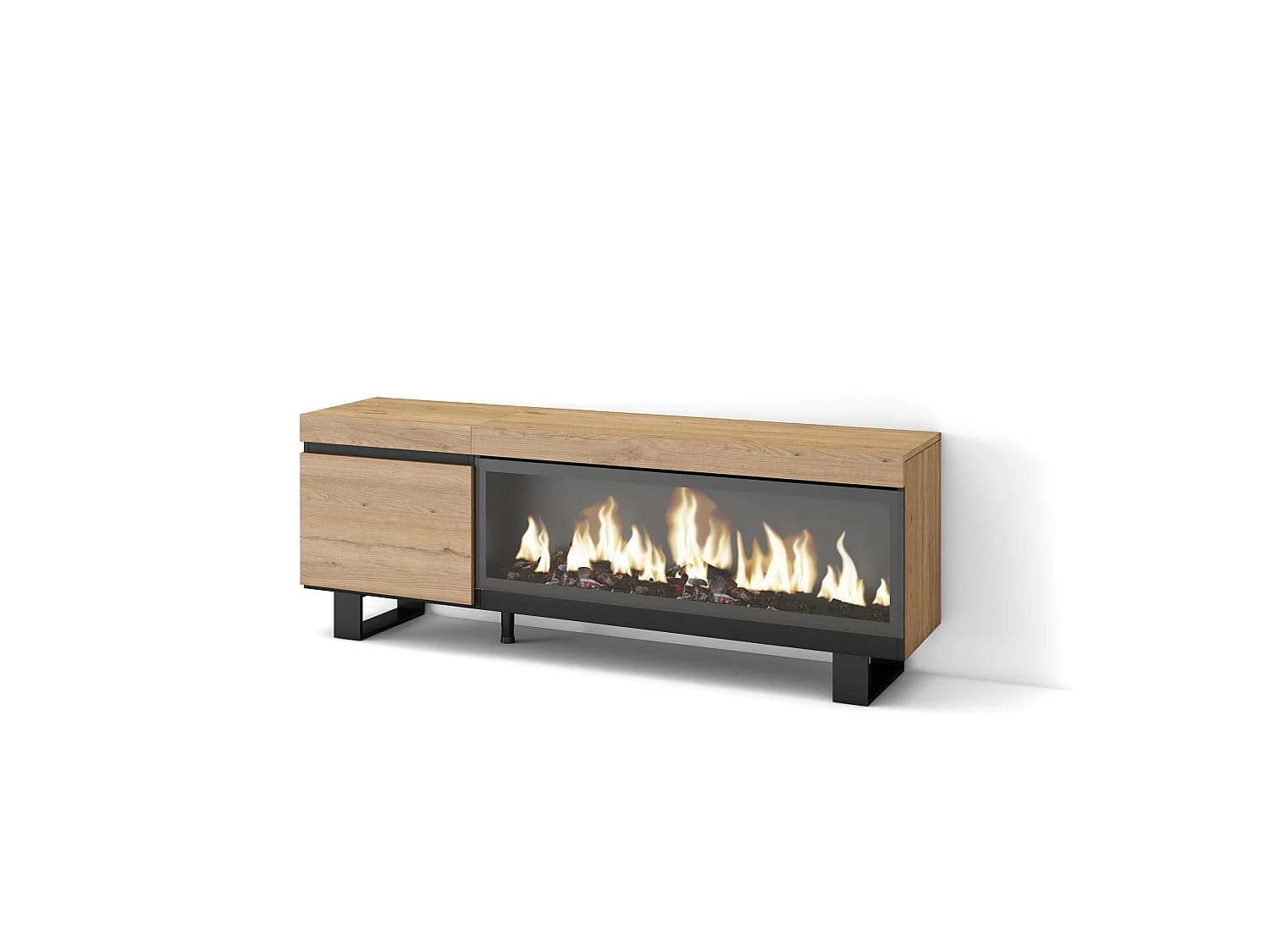 Meuble TV, Banc Télé, 158x35x57cm, Pour les TV jusqu'à 65", Cheminée électrique XXL, Design industriel, Chêne