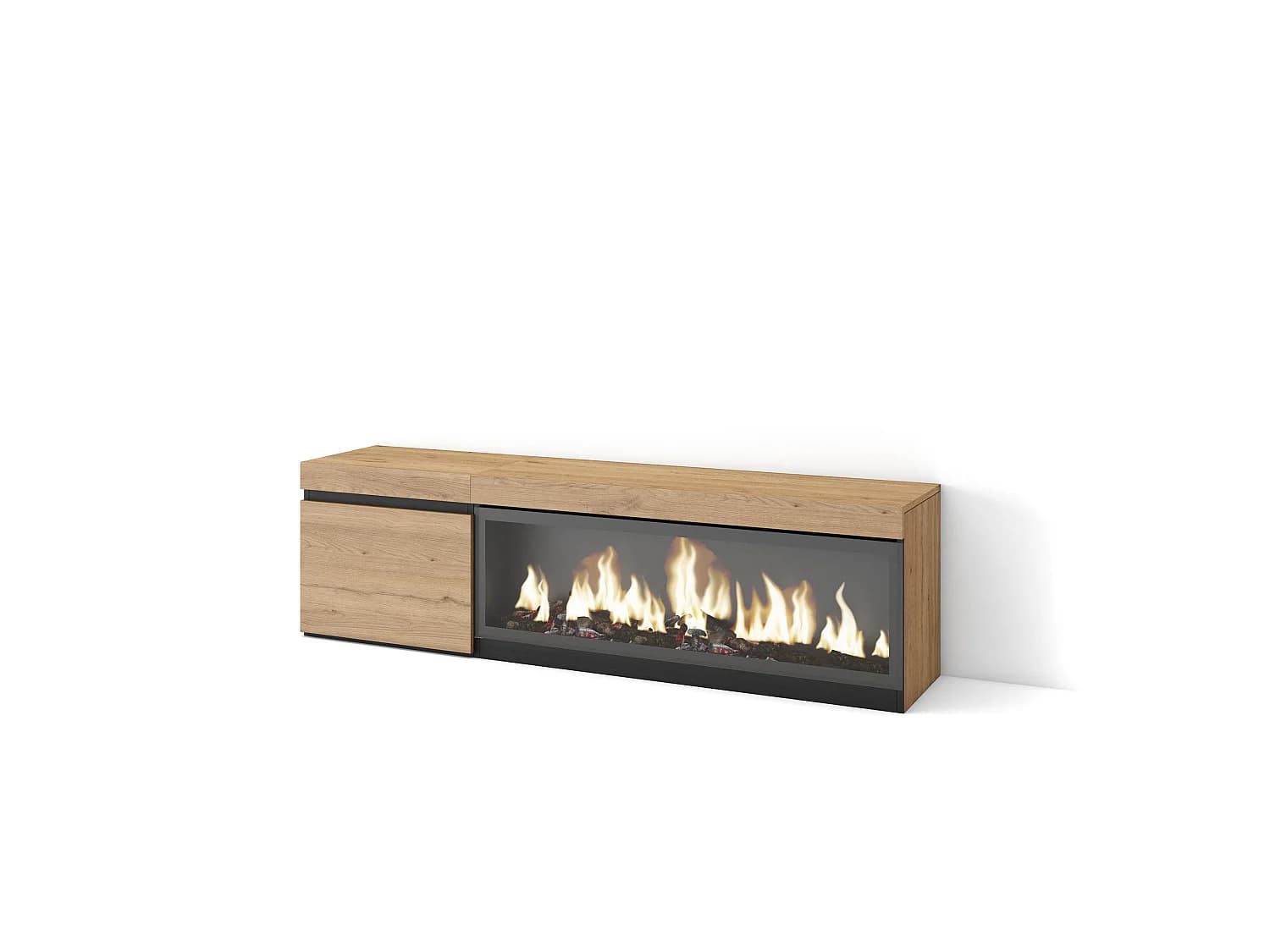 Meuble TV, Banc Télé, 158x35x45cm, Pour les TV jusqu'à 65", Cheminée électrique XXL, Chêne