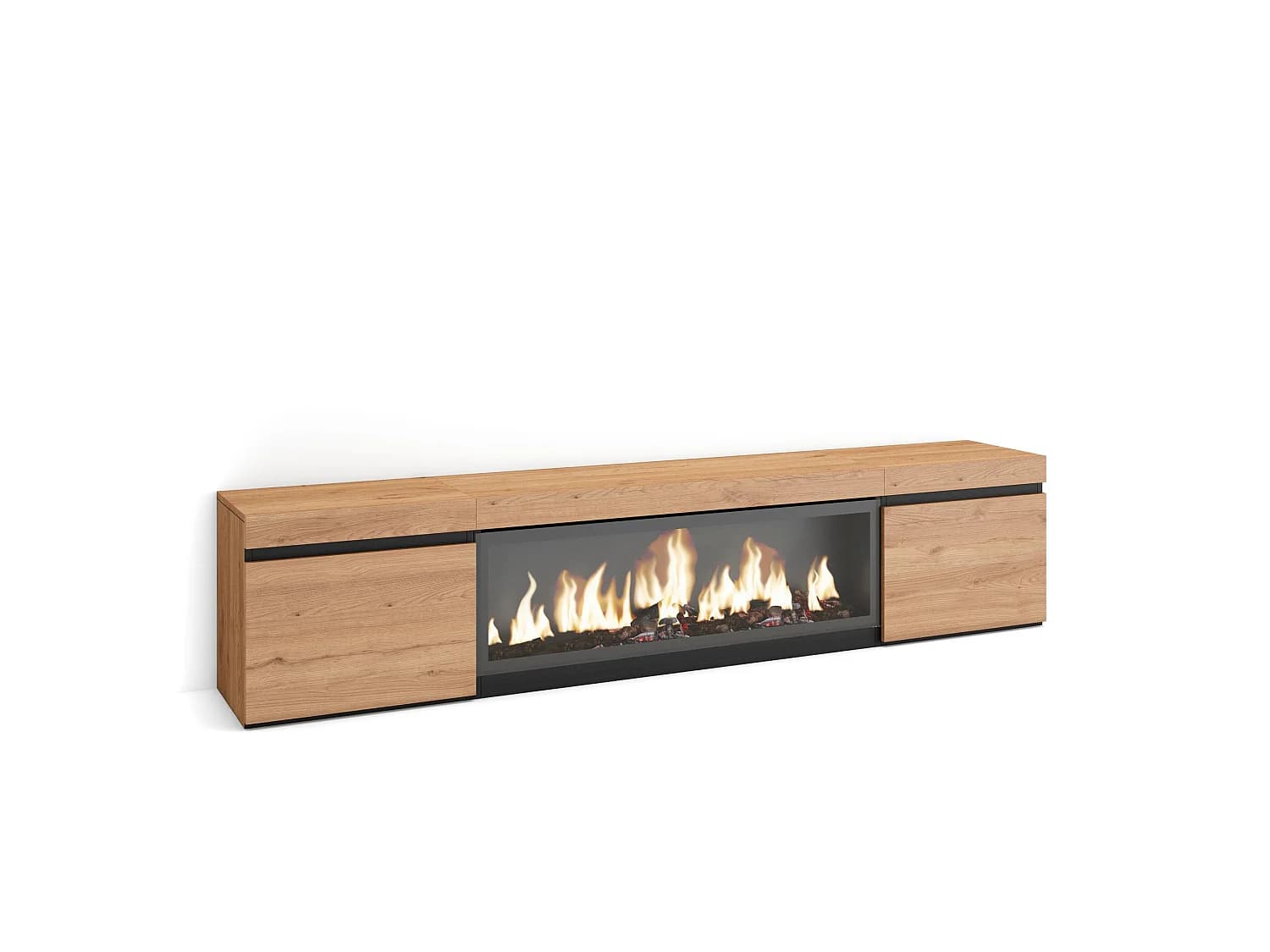 Meuble TV, Banc Télé, 208x35x45cm, Pour les TV jusqu'à 80", Cheminée électrique XXL, Chêne