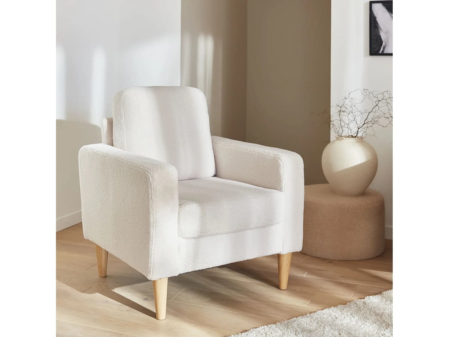 Fauteuil à bouclettes crème. scandinave - Bjorn - Canapé 1 place fixe droit pieds bois