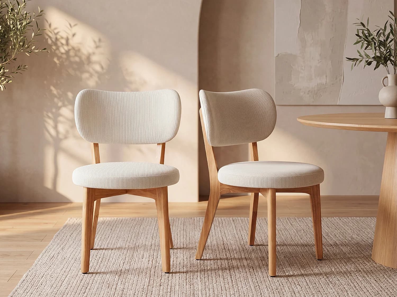 Lot de 6 chaises en velours côtelé et bois d'hévéa - Blanc - TORIEL
