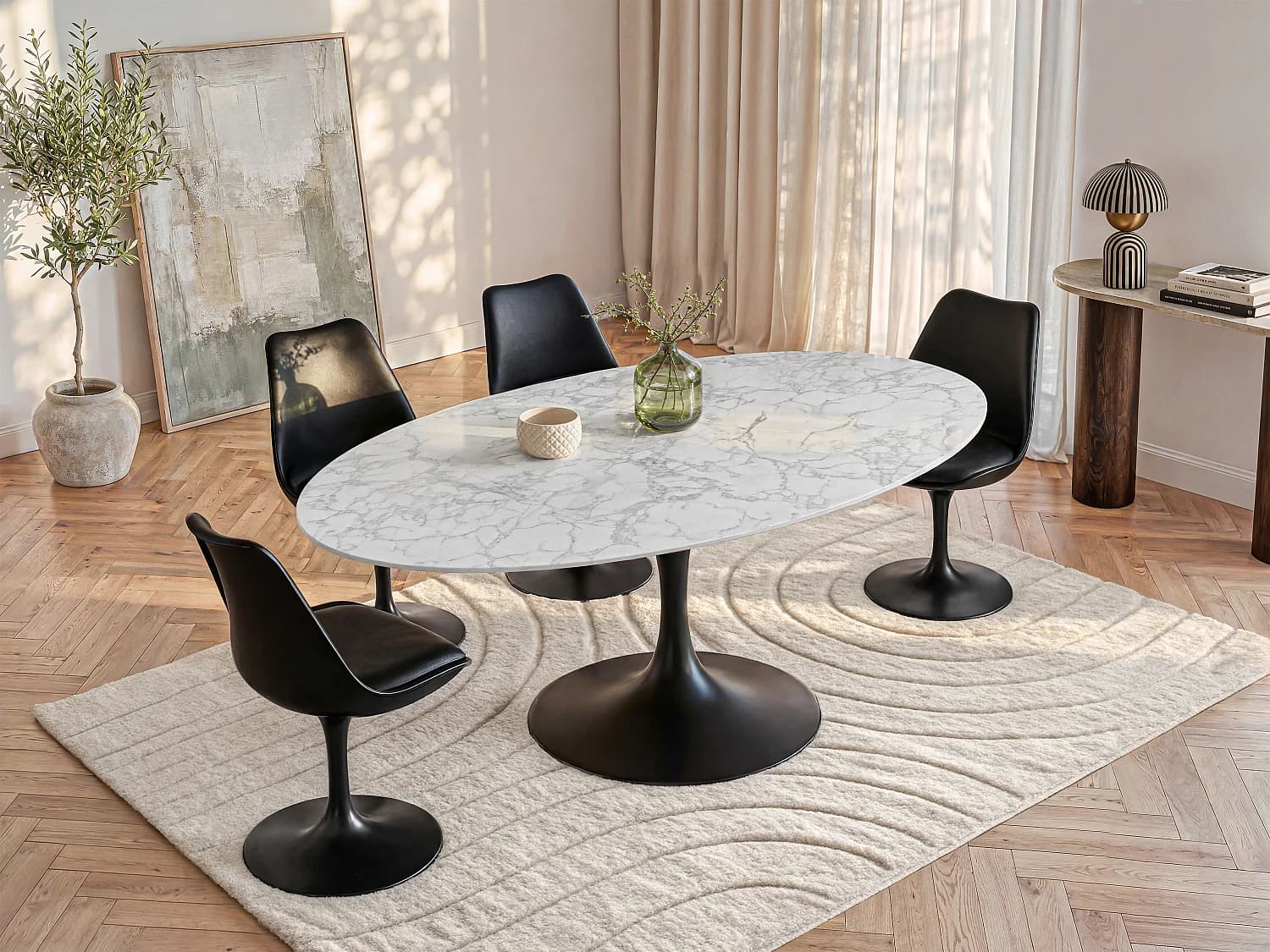 Table à manger 8 personnes en céramique et métal noir - Effet marbre blanc - ELVA de Maison Céphy