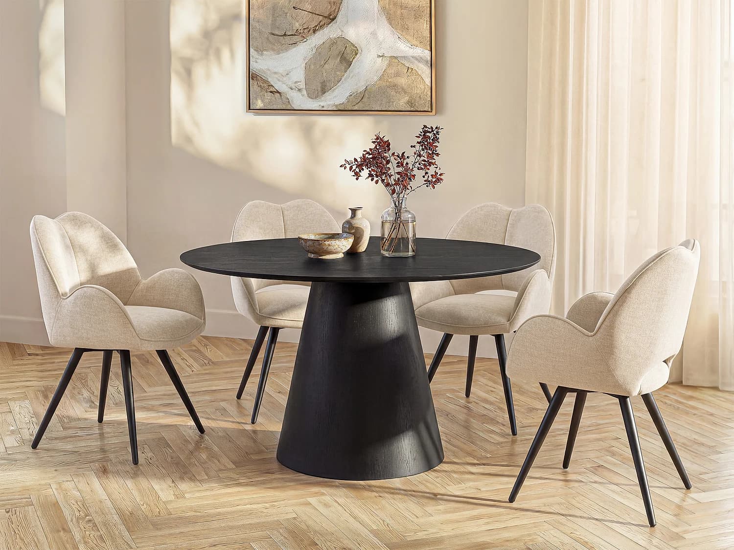 Table à manger ronde 4 personnes placage frêne - Noir - ANTALIZA