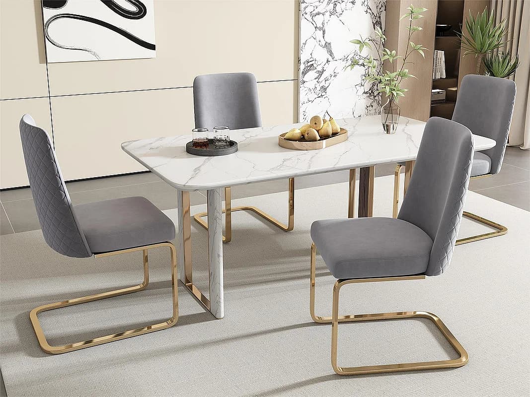 Lot de 4 Chaises cantilever en velours - dossier à motif de losange - piètement en métal doré - Gris