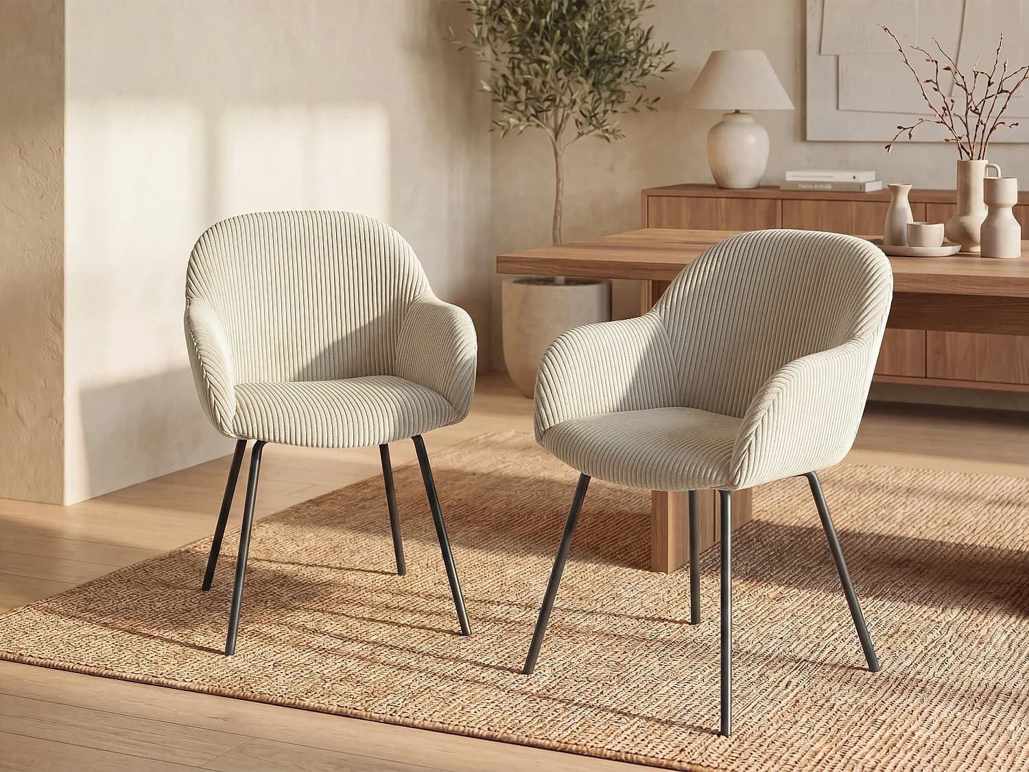 Lot de 2 chaises avec accoudoirs en velours côtelé et métal noir - Beige - MARENZIA