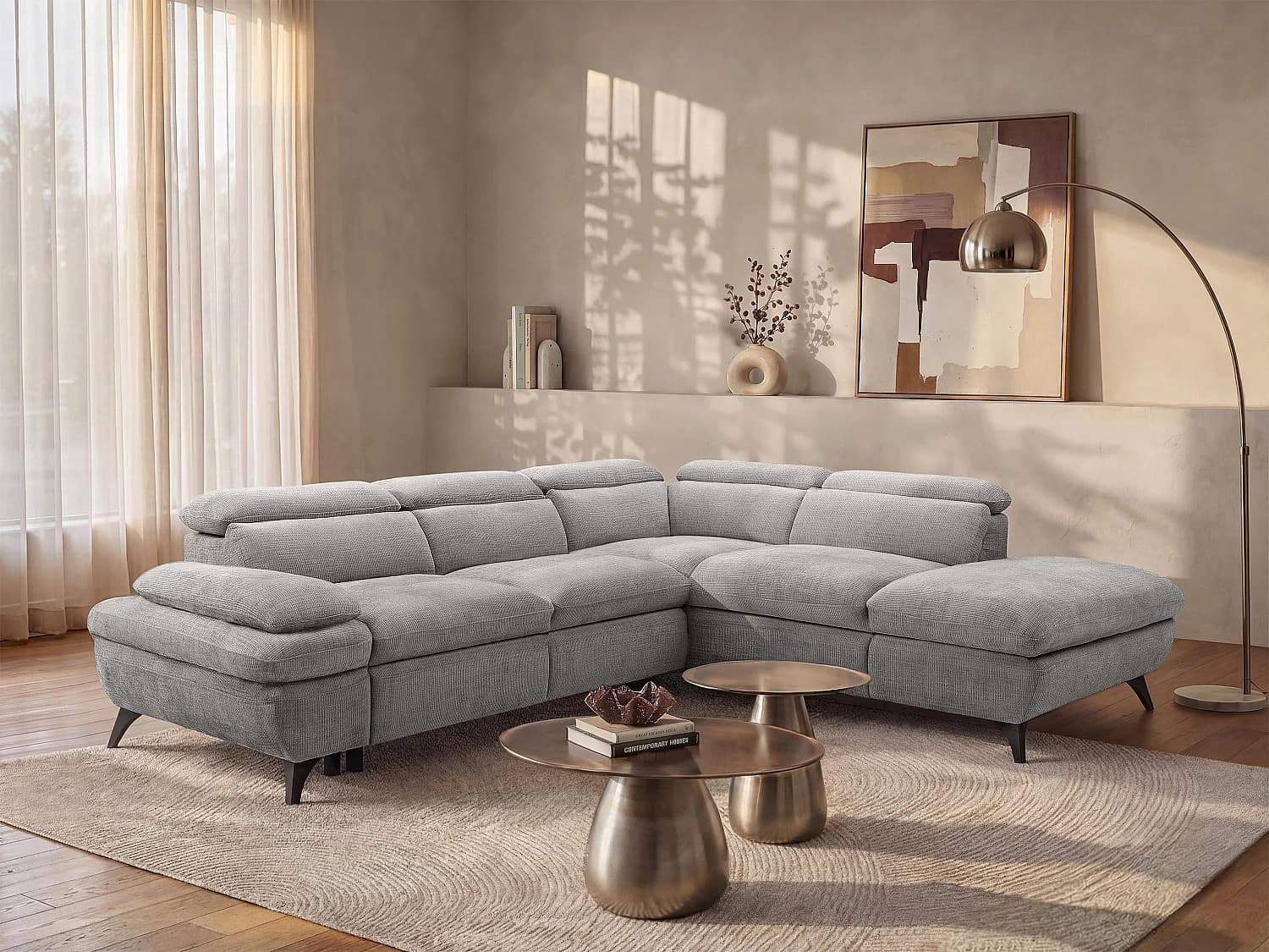 Canapé d'angle droit convertible avec dossier méridienne en tissu texturé gris SURDELI