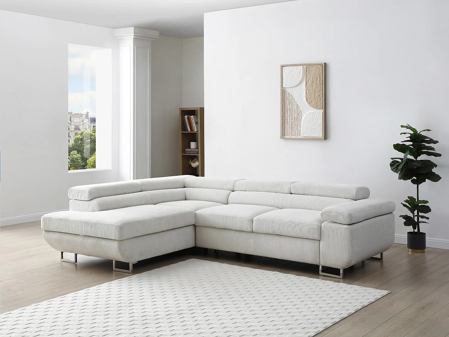 Canapé d'angle gauche convertible en velours côtelé beige NURAZIO