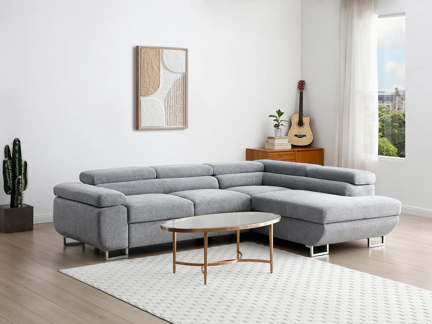 Canapé d'angle droit convertible en tissu texturé gris NURAZIO