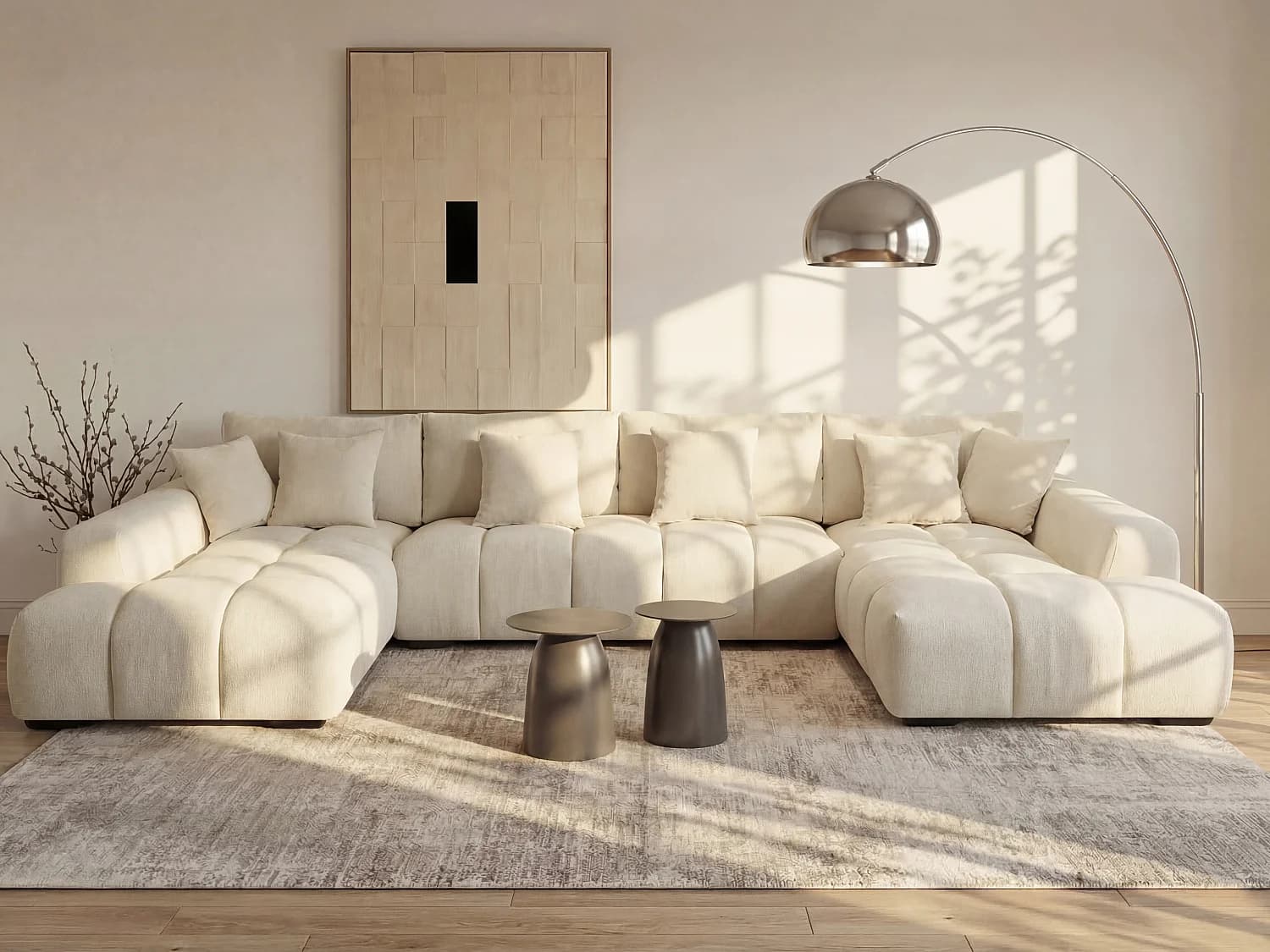 Grand canapé d'angle panoramique en tissu texturé beige BERENIA