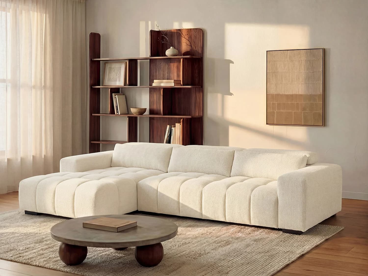 Canapé d'angle gauche en tissu texturé beige LOPONZA