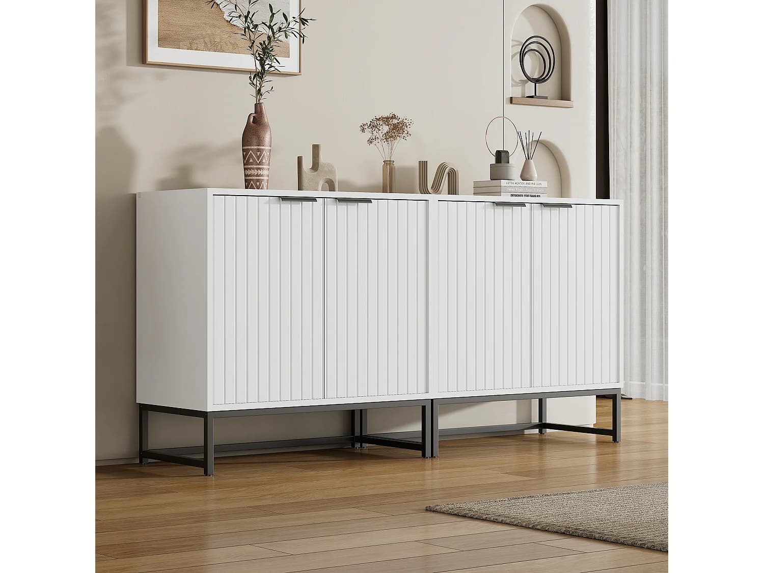 Buffet avec 4 portes avec poignées et pieds en métal - Panneaux de particules - Blanc