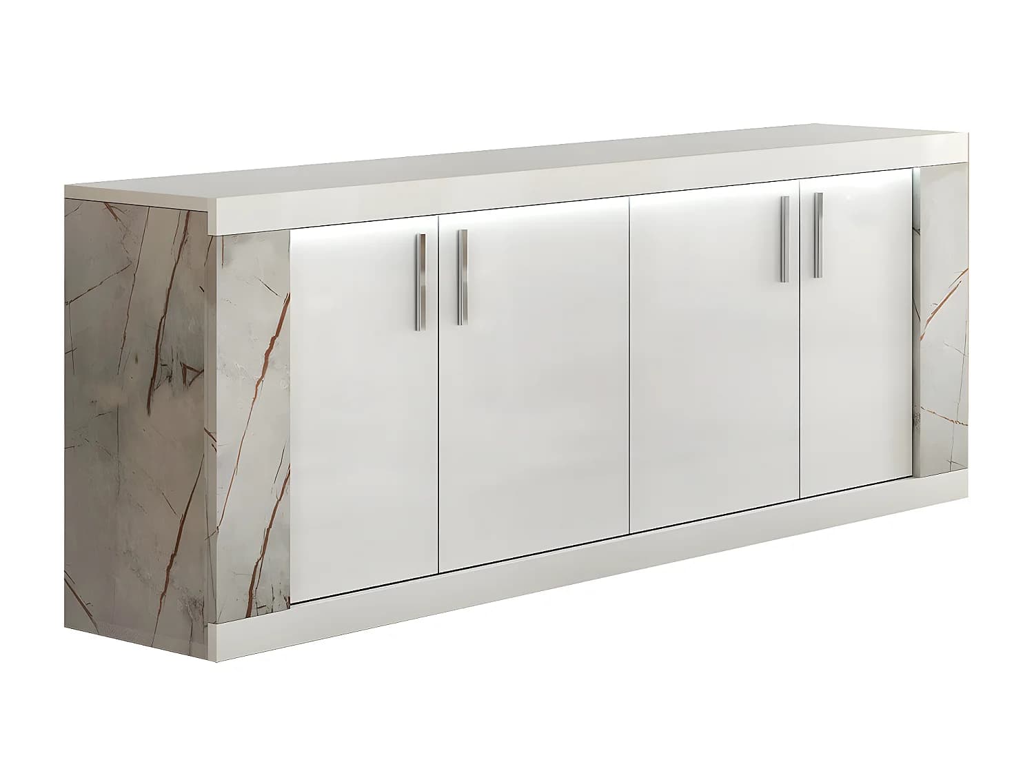 EROS - Buffet 4 Portes Blanc Eclairage Led intégré avec Décor Latéral Aspect Marbre
