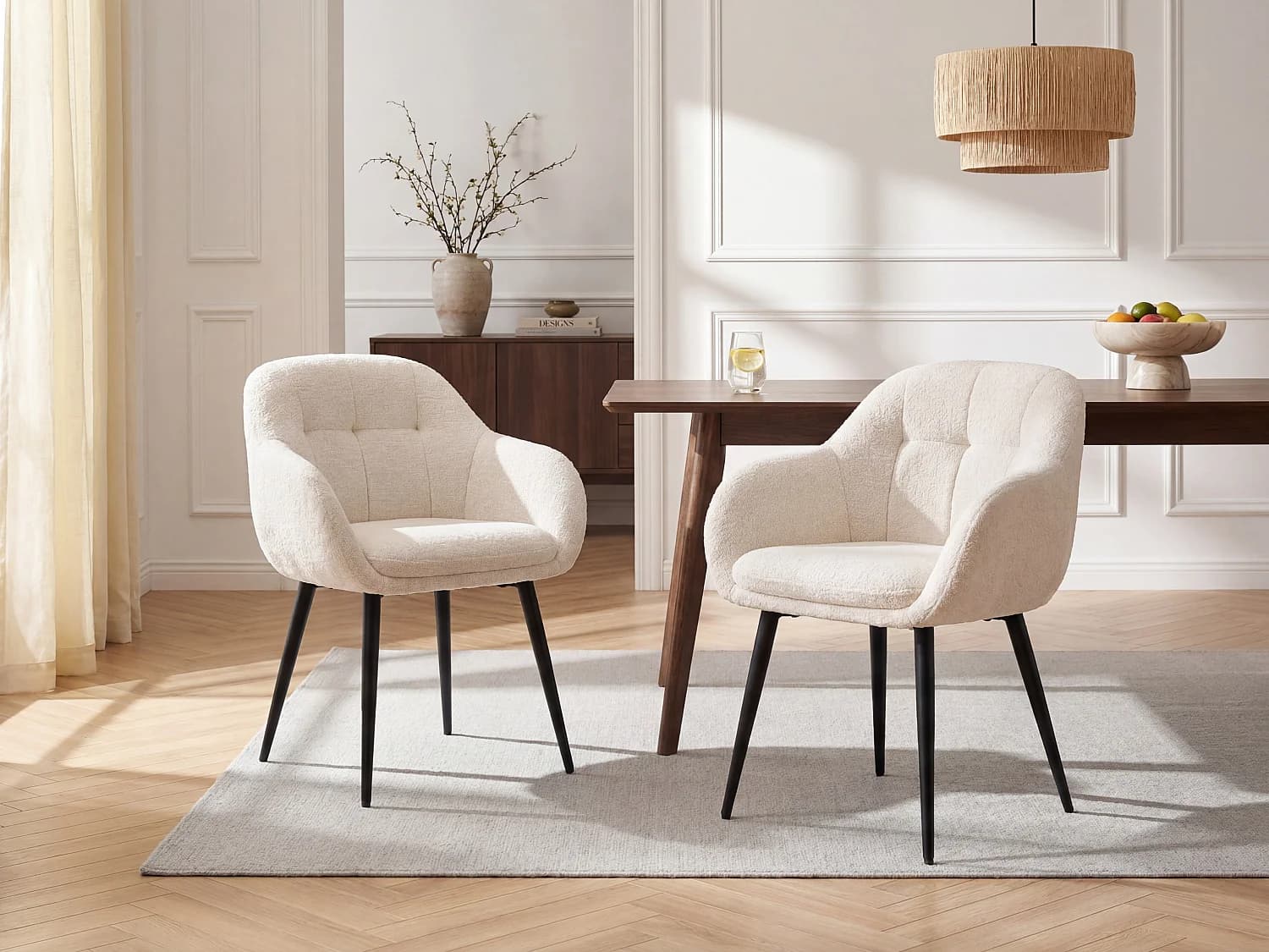 Lot de 2 chaises avec accoudoirs en tissu texturé et métal noir - Crème - LASSANDRA
