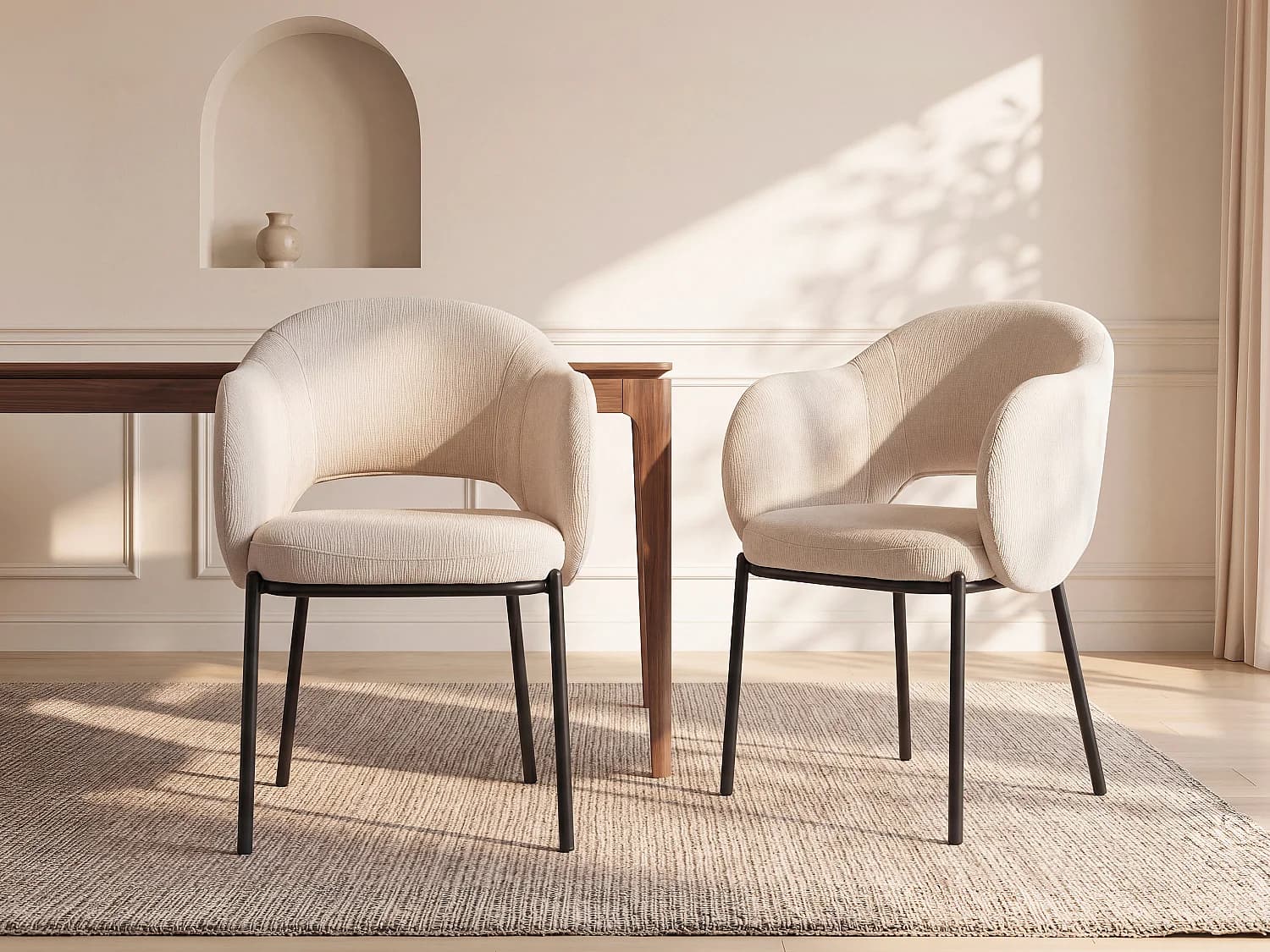 Lot de 2 chaises avec accoudoirs en tissu texturé et métal noir - Beige - ACACILIO