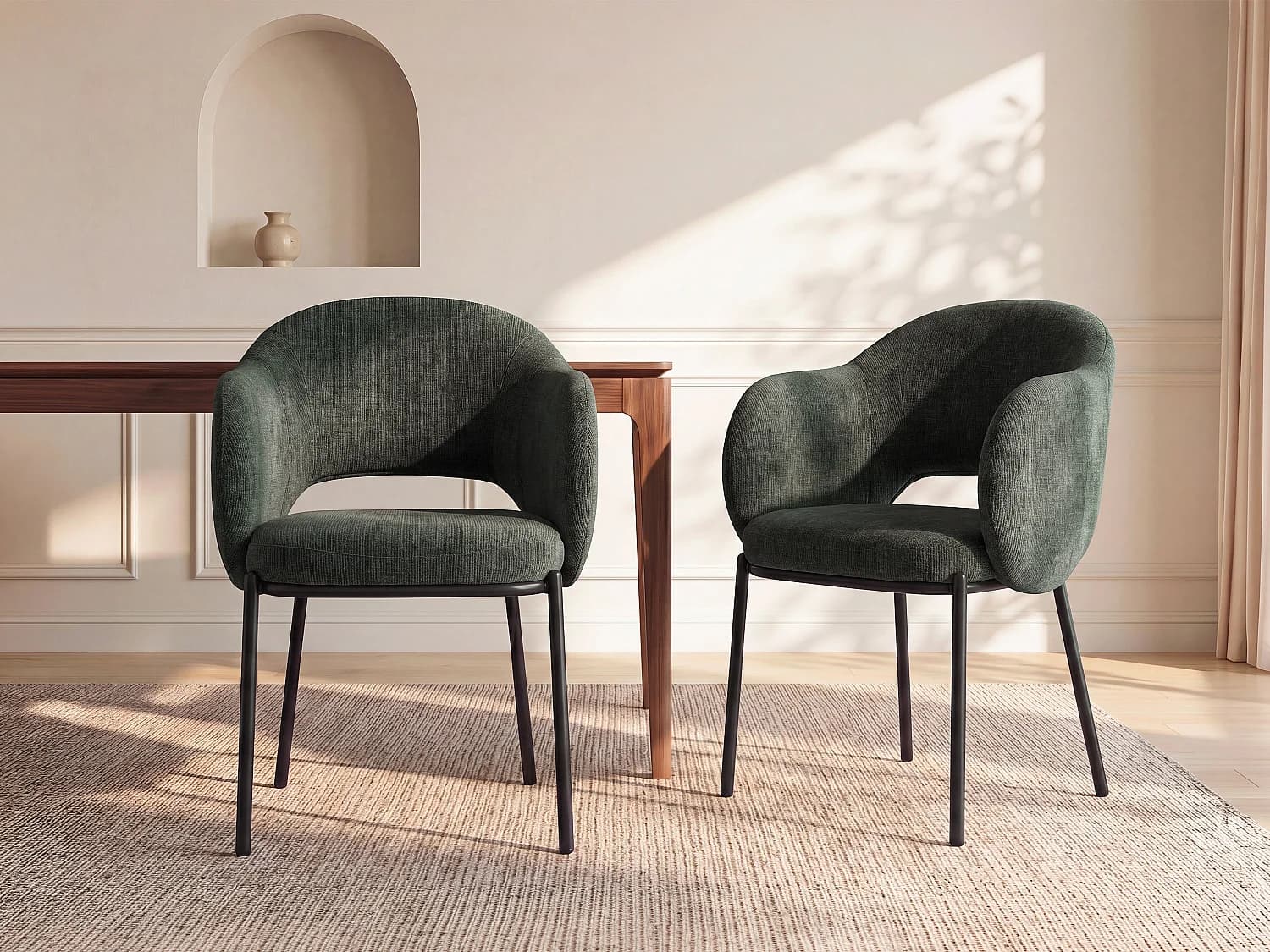 Lot de 2 chaises avec accoudoirs en tissu texturé et métal noir - Vert - ACACILIO