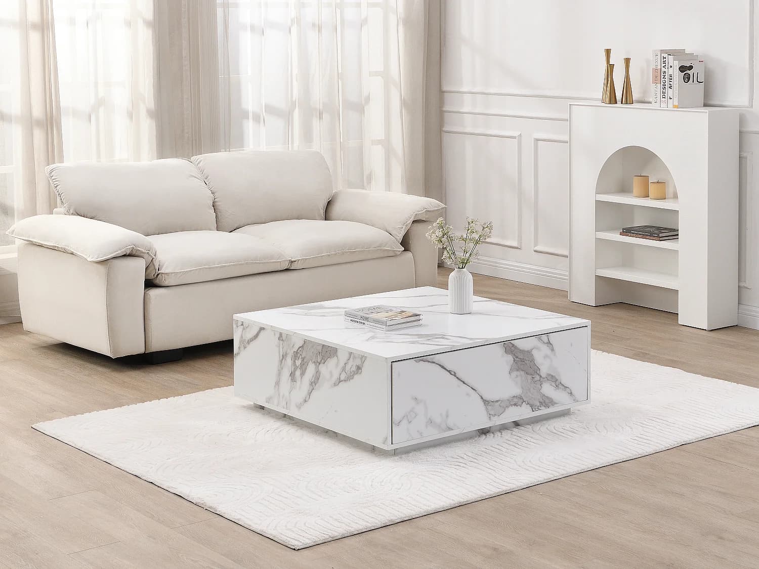 Table basse avec 2 tiroirs en MDF - L90 cm - Effet marbre blanc - ANTRIM