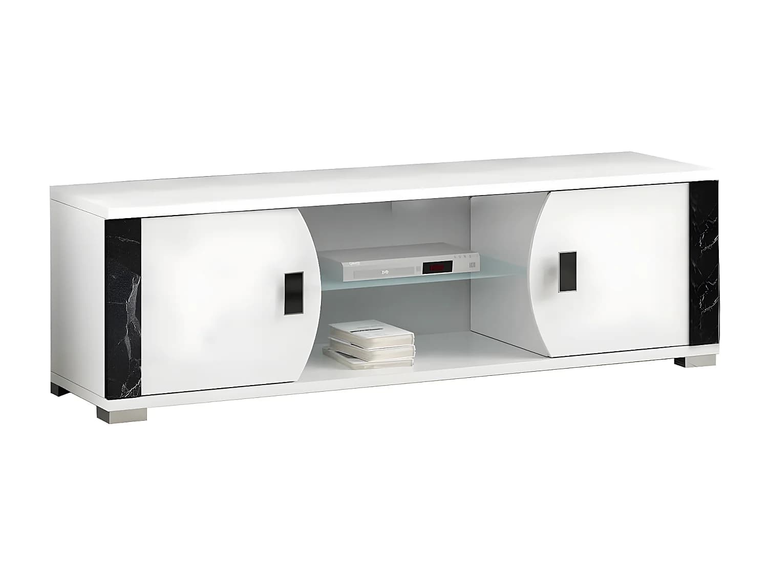 ARIANE - Meuble TV 2 Portes et 2 Niches Blanc avec Décor Latéral Aspect Marbre Noir