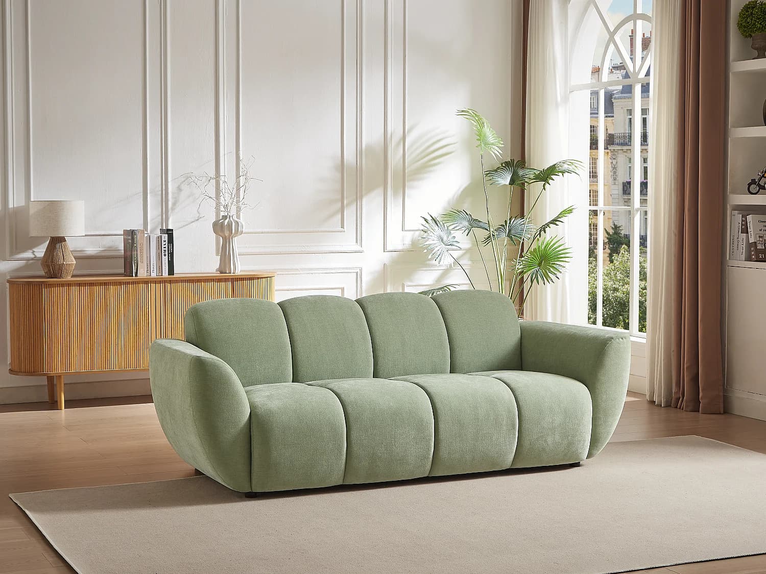 Canapé 3 places en tissu vert effet matelassé JULORI
