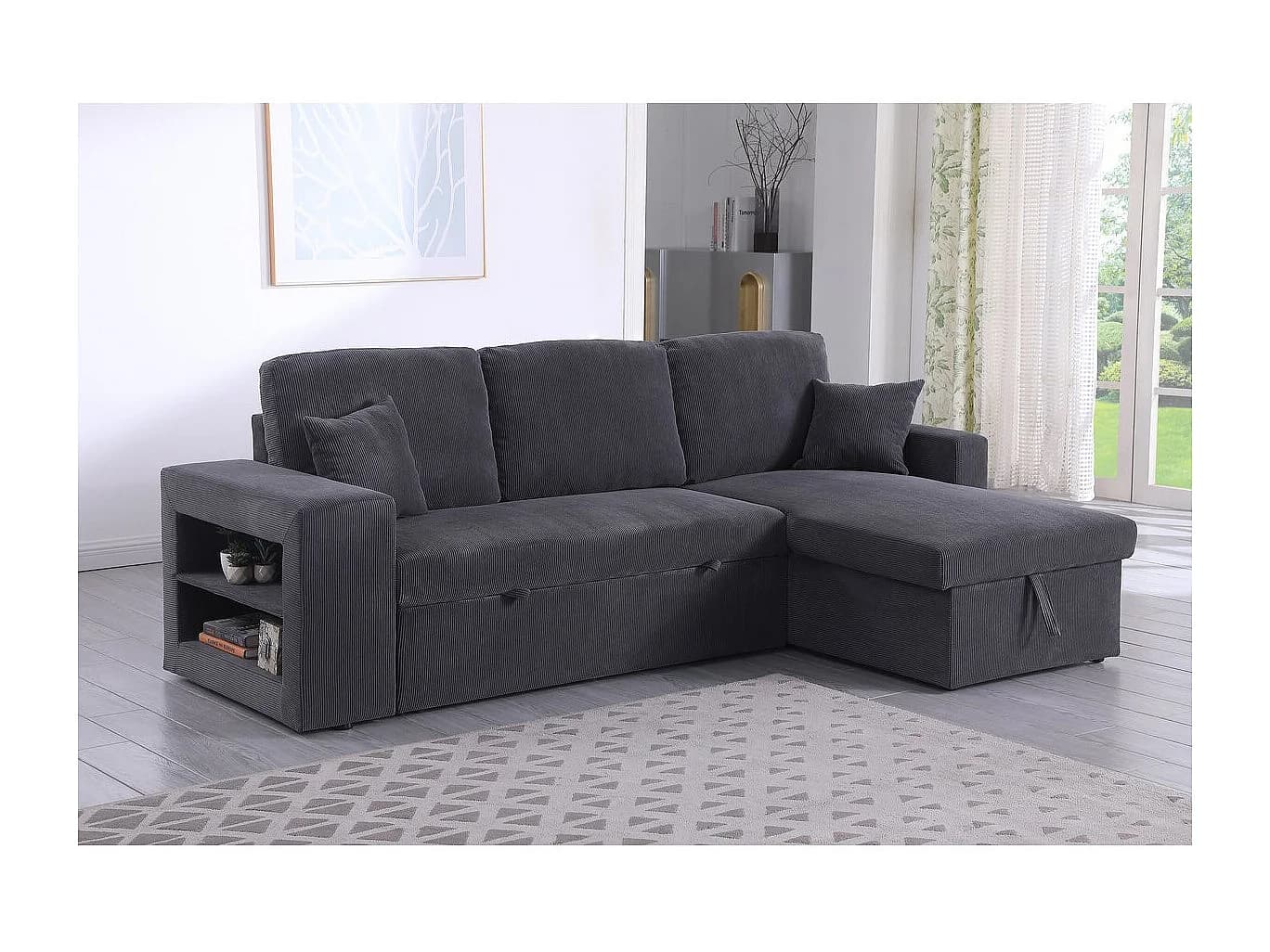 Canapé d'angle en velours côtelé convertible/réversible "Axel" - 3 places - Gris