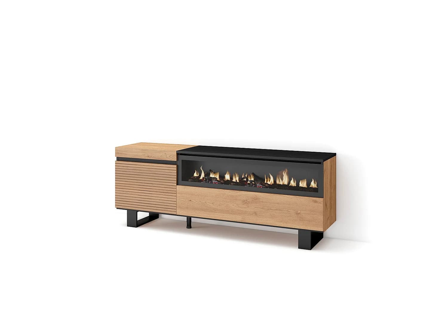 Meuble TV, Banc Télé, 150x35x57cm, Pour les TV jusqu'à 65", Cheminée électrique, Design industriel, Chêne
