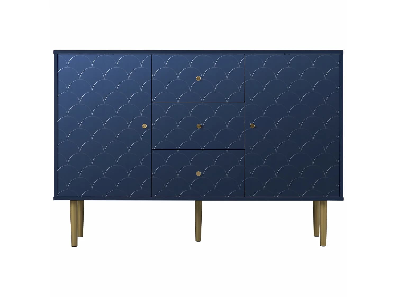 URBAN MEUBLE Commode buffet haut avec 2 portes 3 tiroirs bleu marine motif d'écailles H82/B120/T40