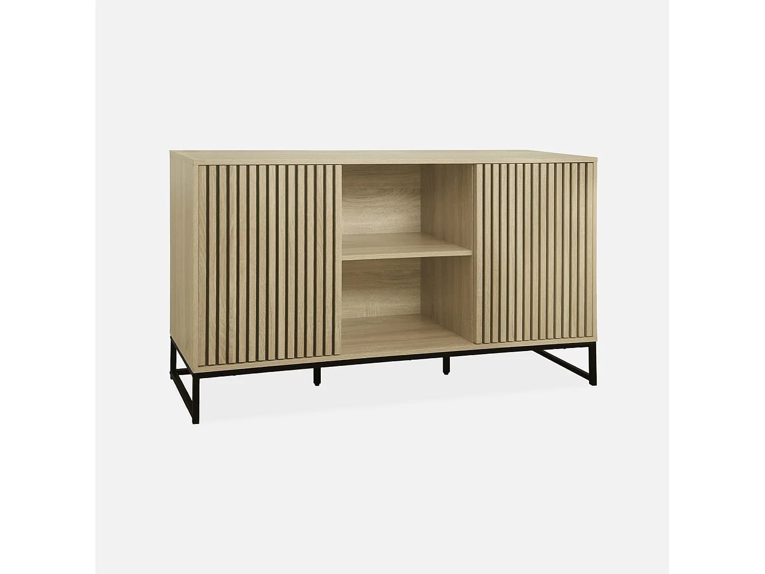 Buffet style contemporain avec 2 portes effet bois rainuré ouverture par pression. buffet bas. piètement en métal noir L140cm