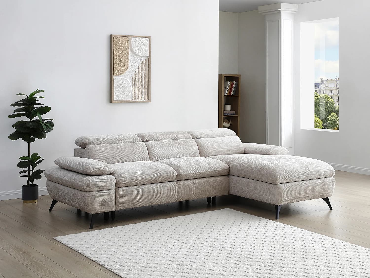 Canapé d'angle droit convertible en tissu texturé beige SURDELI