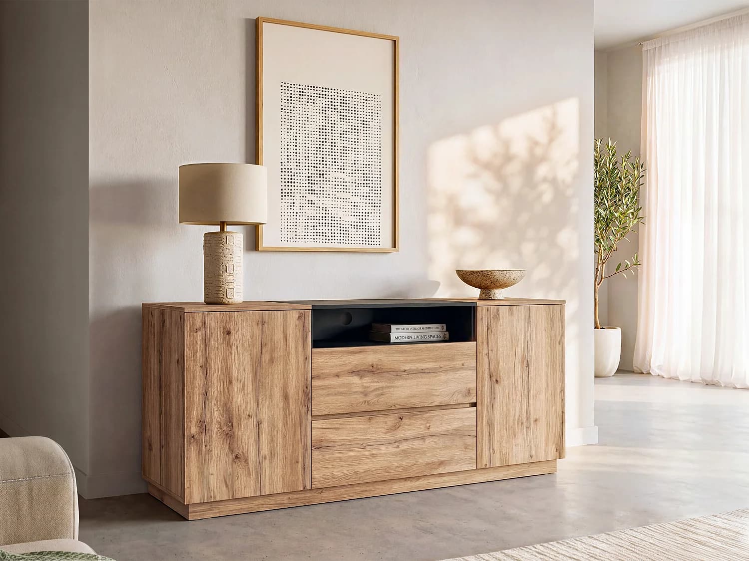 Buffet avec 2 portes, 2 tiroirs et 1 niche - Naturel clair et Noir - CEMILINA