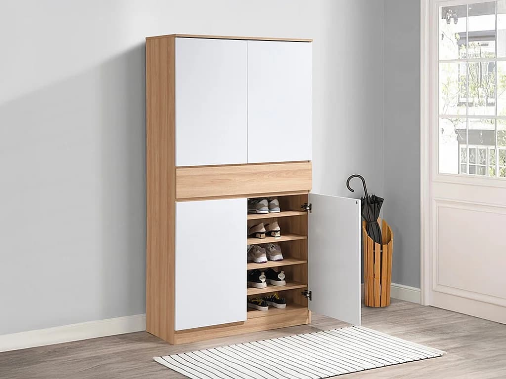 Meuble à chaussures avec 4 portes et 1 tiroir - Blanc et Naturel - COVIANA