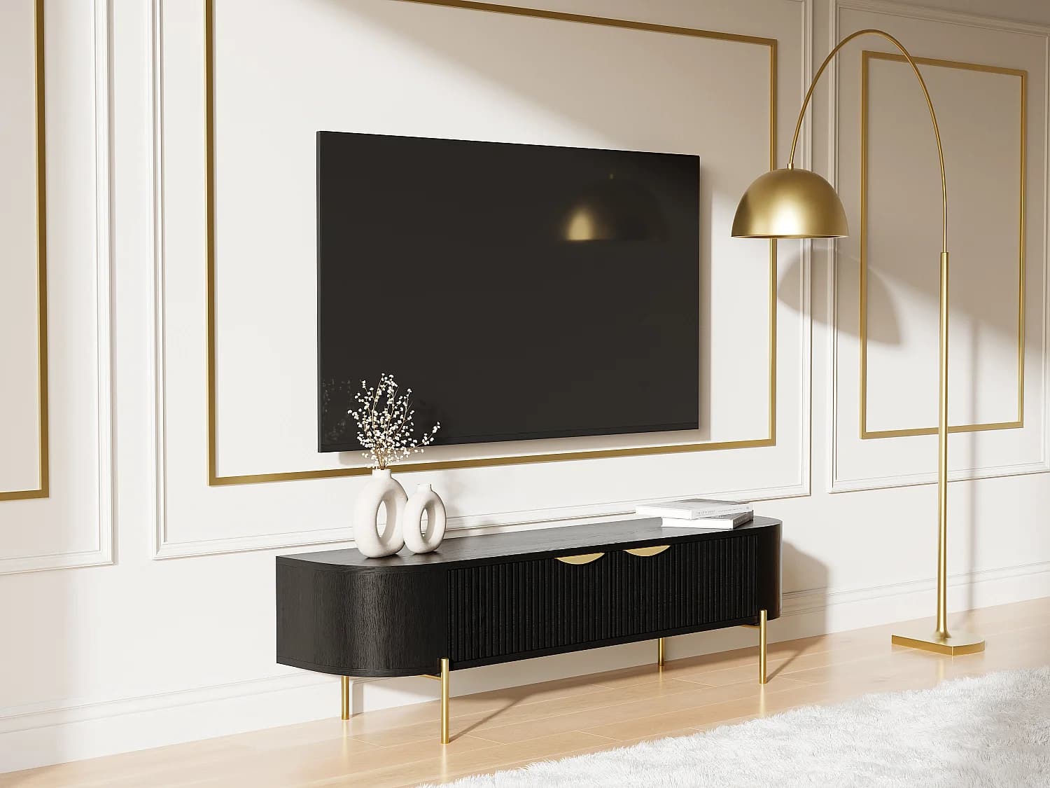 Meuble TV avec 2 portes en bois de manguier et métal doré - Noir - NEVILI de Maison Céphy