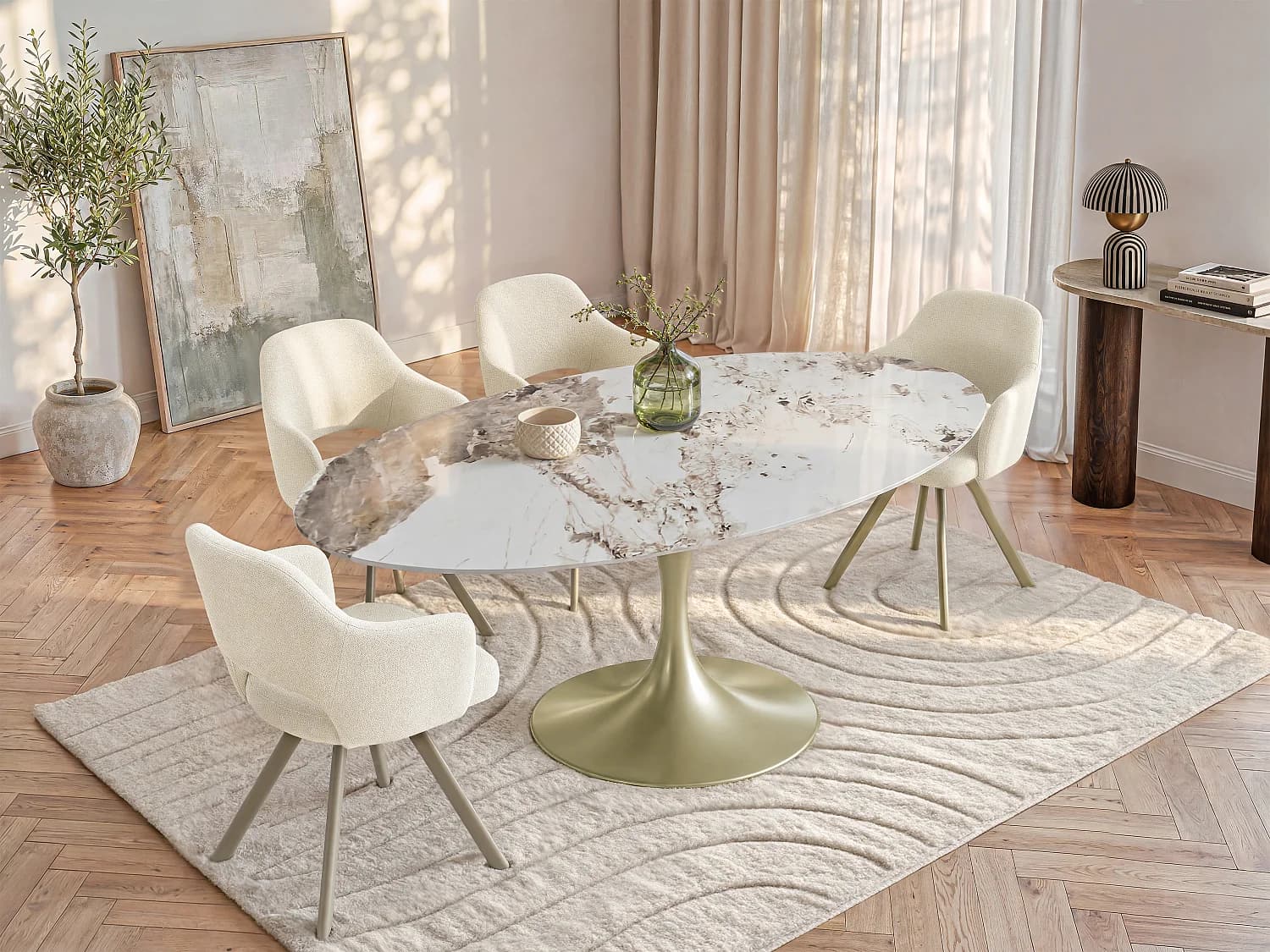 Table à manger 8 personnes en céramique et métal doré - Effet marbre blanc et gris - ELVA de Maison Céphy
