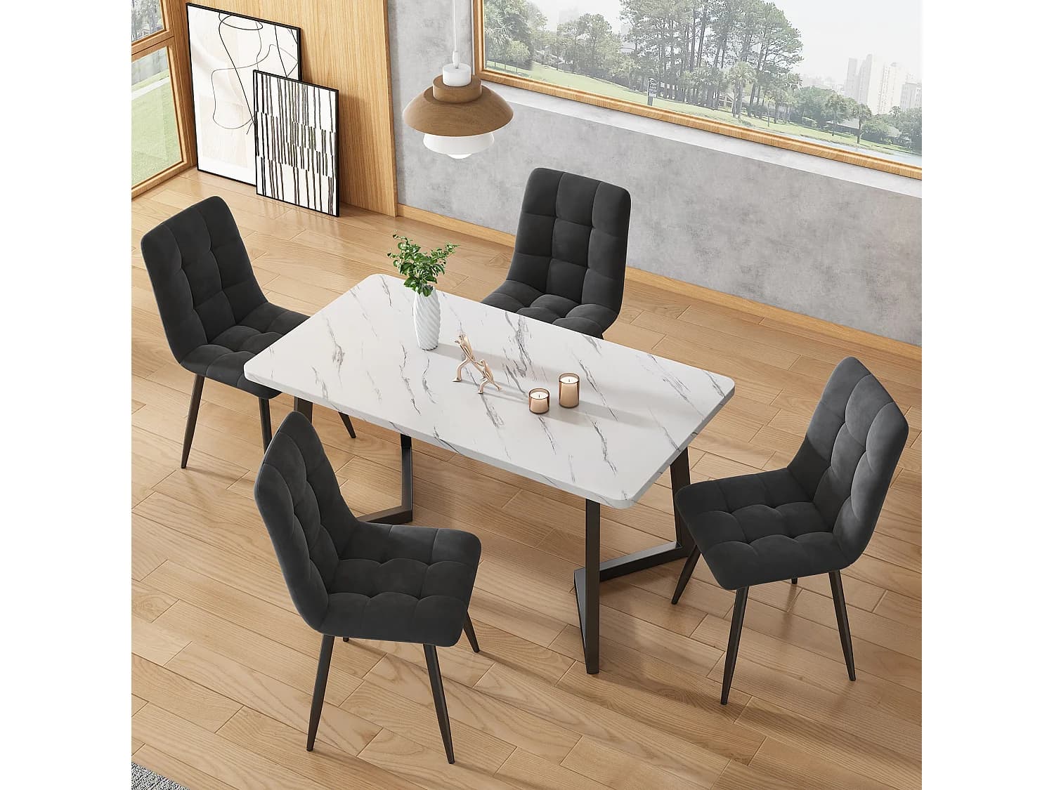 Lot de 4 chaises de salle à manger en velours - pièds en métal - gris foncé