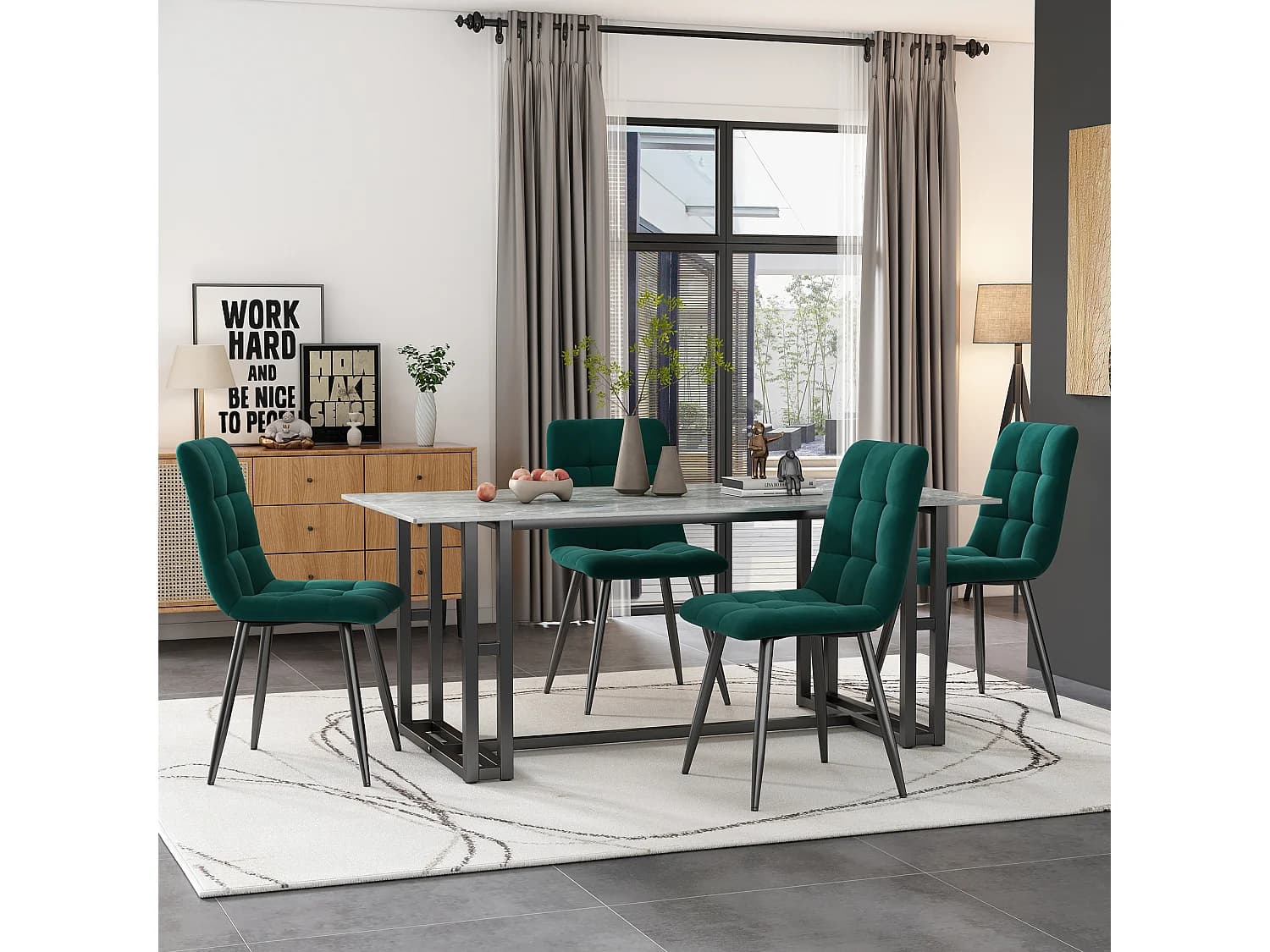 Lot de 4 chaises de salle à manger en velours - pièds en métal - vert foncé