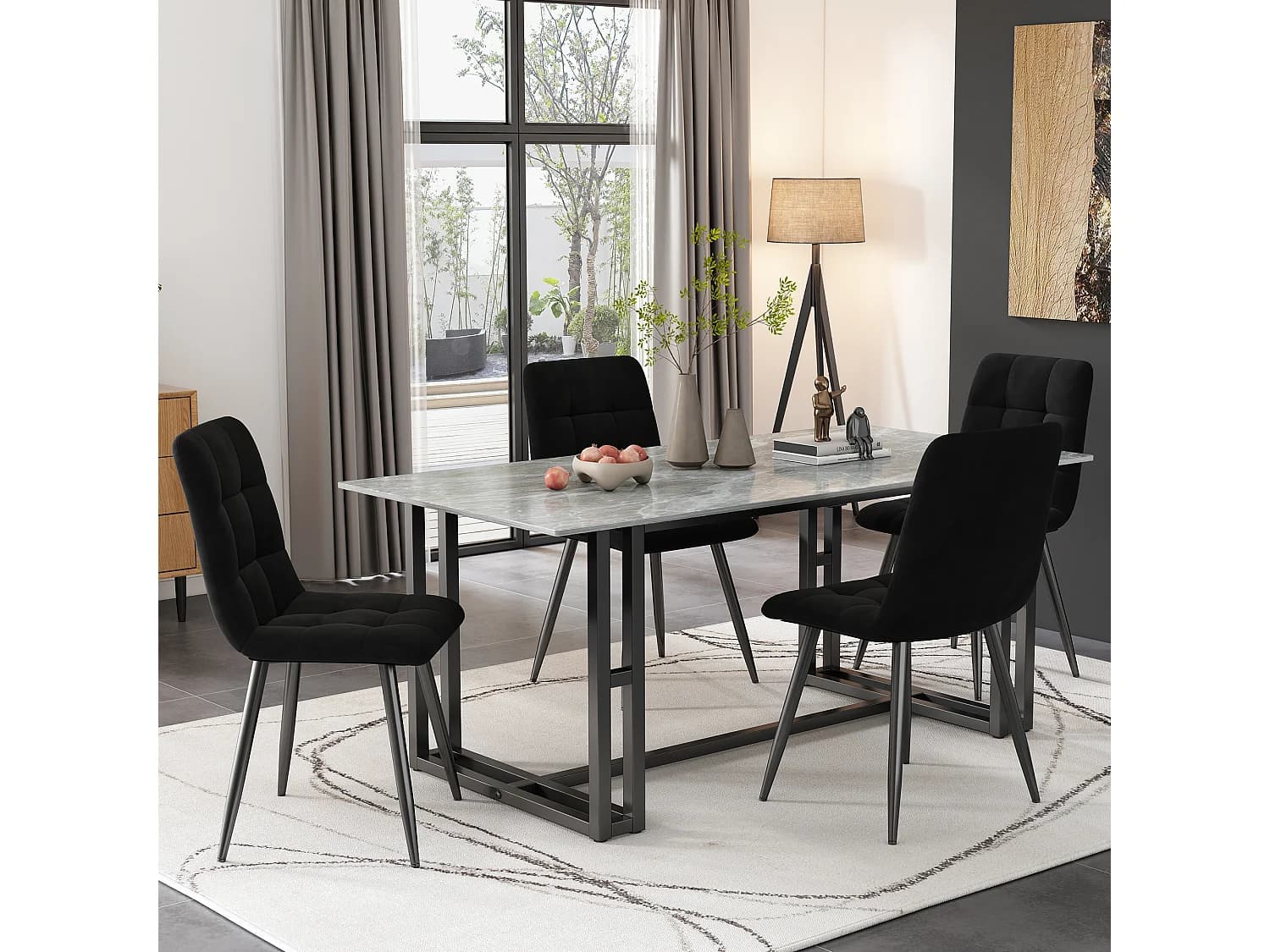 Lot de 4 chaises de salle à manger en velours - pièds en métal - noir