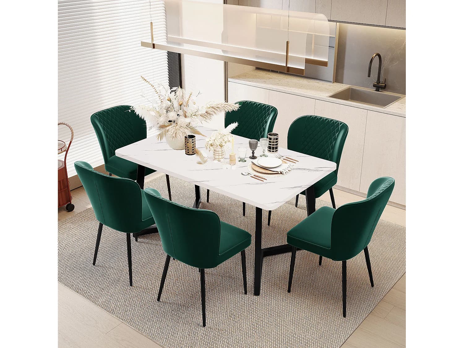 Lot de 6 chaises de salle à manger en velours - pièds en métal - vert