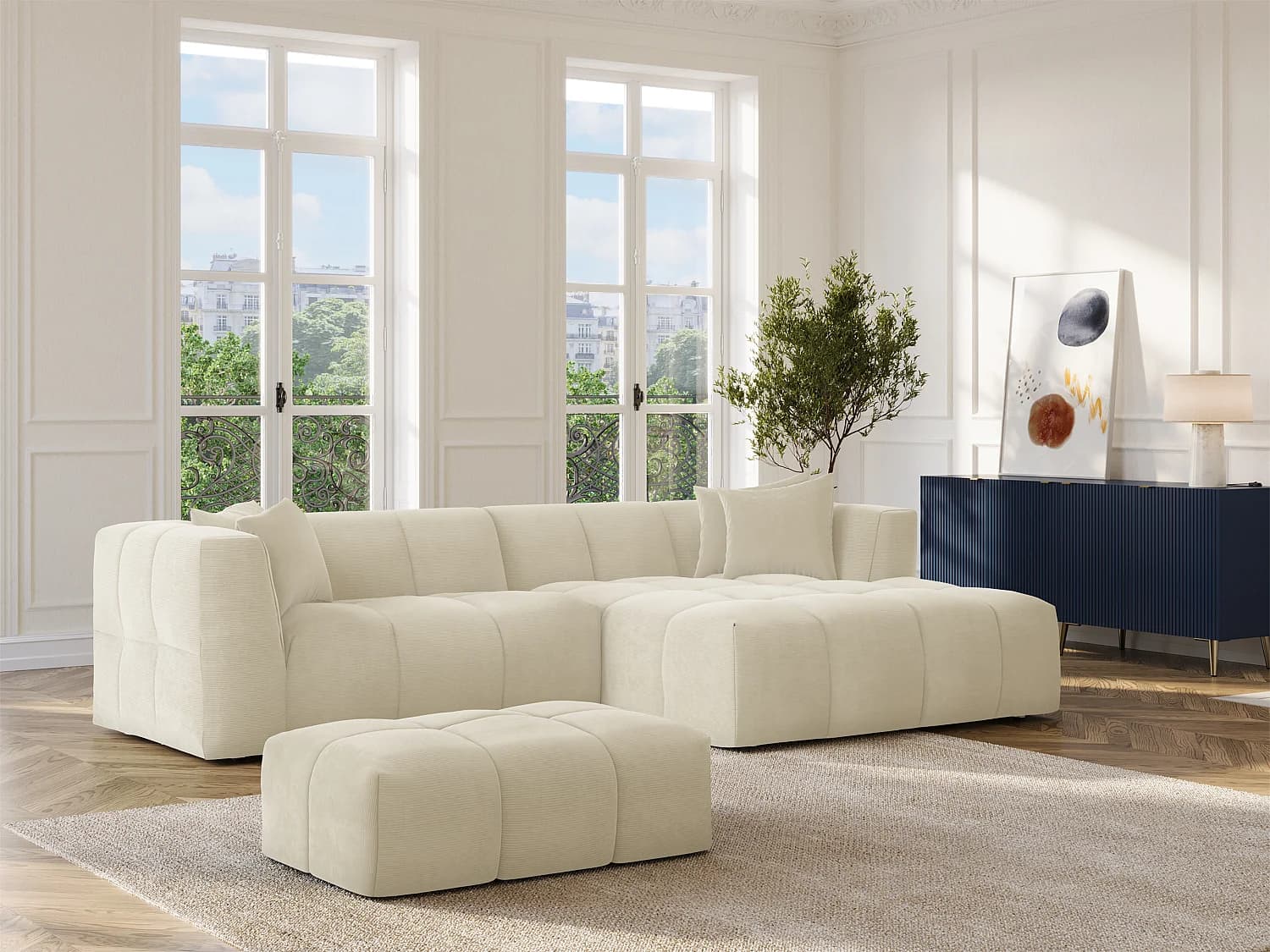 Pouf en velours côtelé fines côtes beige NAEMIA de Maison Céphy