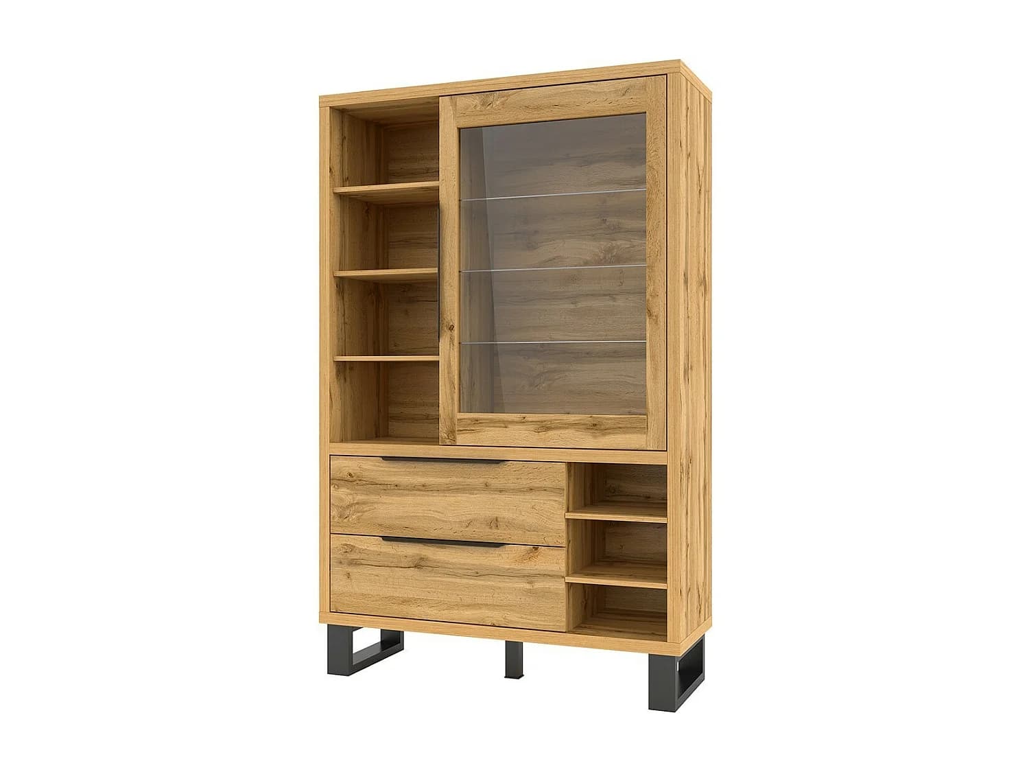 Vitrine, argentier, vaisselier MILOS. Coloris chêne et finitions noire. Meuble idéal pour votre salle à manger.