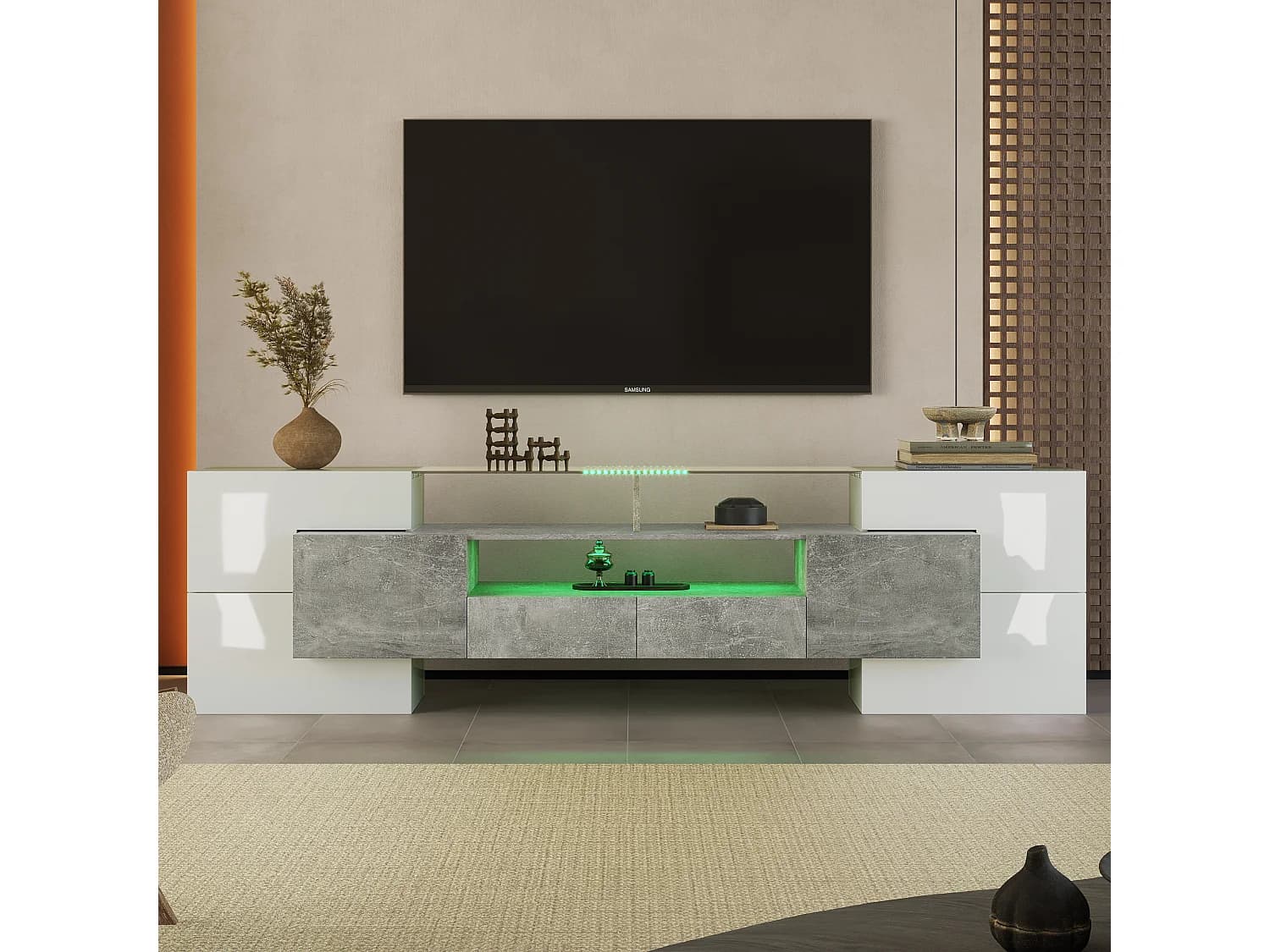 Meuble TV 200 cm, blanc brillant et gris, avec LED et plateau en verre – 6 portes, tiroirs rangement, Design moderne salon