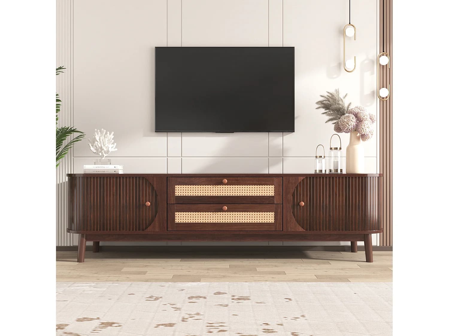 Meuble TV 170 x39.5x46 cm avec portes coulissantes et tiroirs en Rotin - naturel