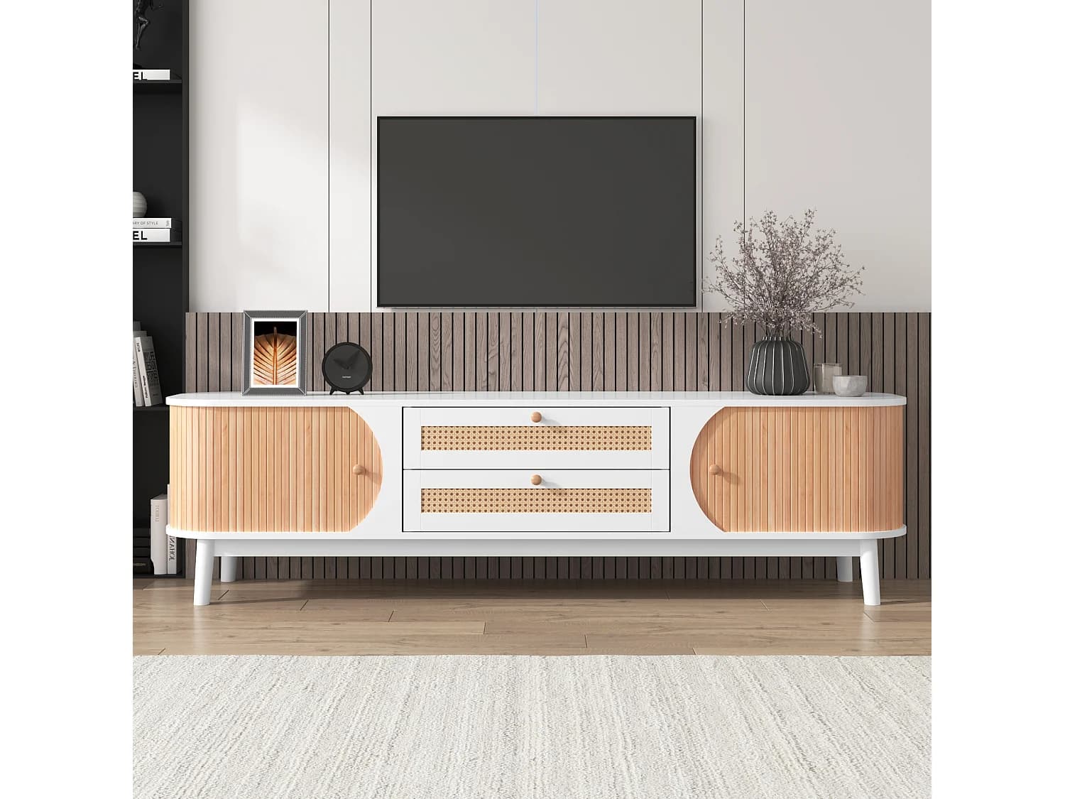 Meuble TV 170 x39.5x46 cm avec portes coulissantes et tiroirs en Rotin - Blanc