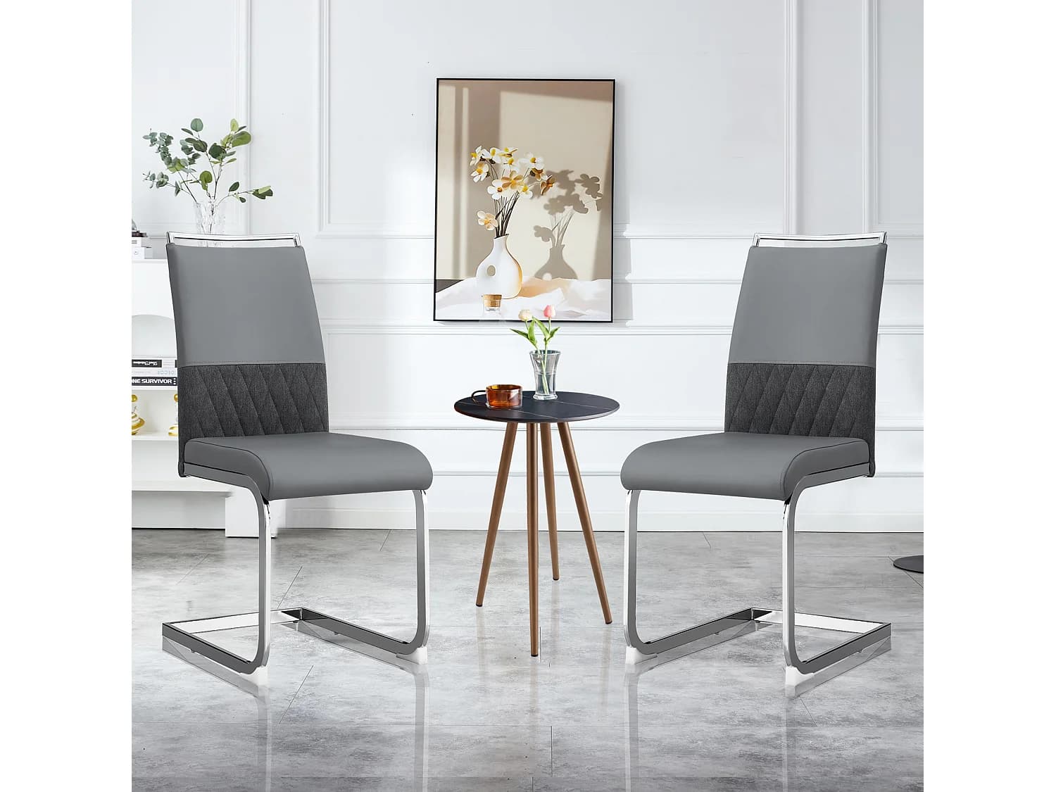 Lot de 6 chaises de salle à manger - Similicuir gris et lin - Dossier rembourré - Pieds argentés