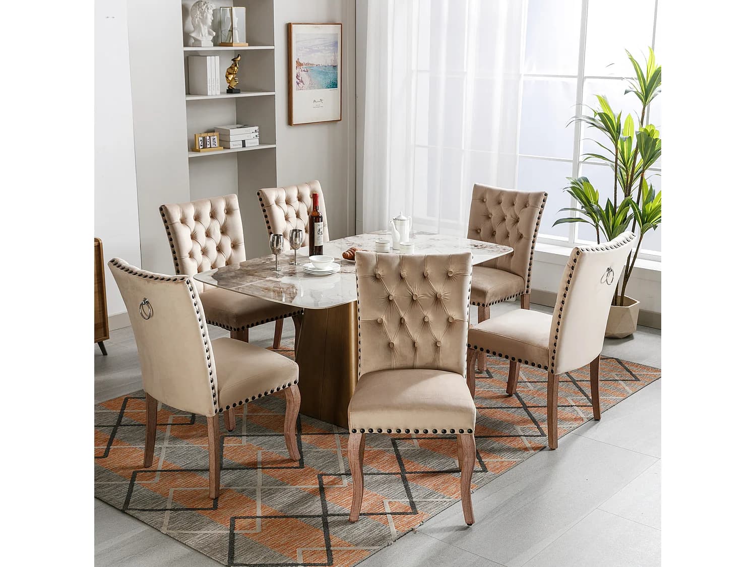 Lot de 6 chaises de salle à manger avec garniture cloutée et dossier rembourré - Velours camel clair