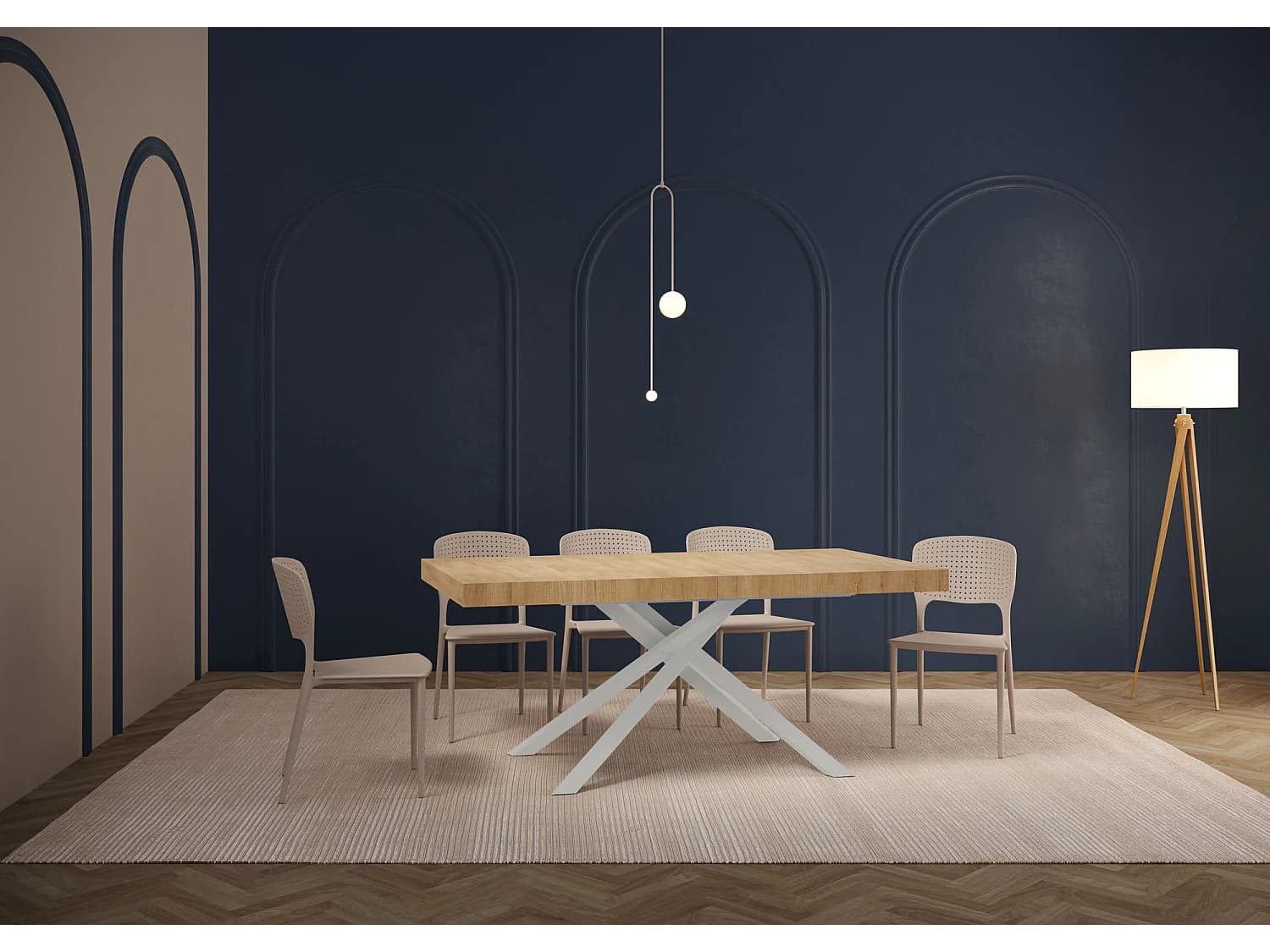 Table extensible 160/264x90 cm Karida chêne nature pieds blancs