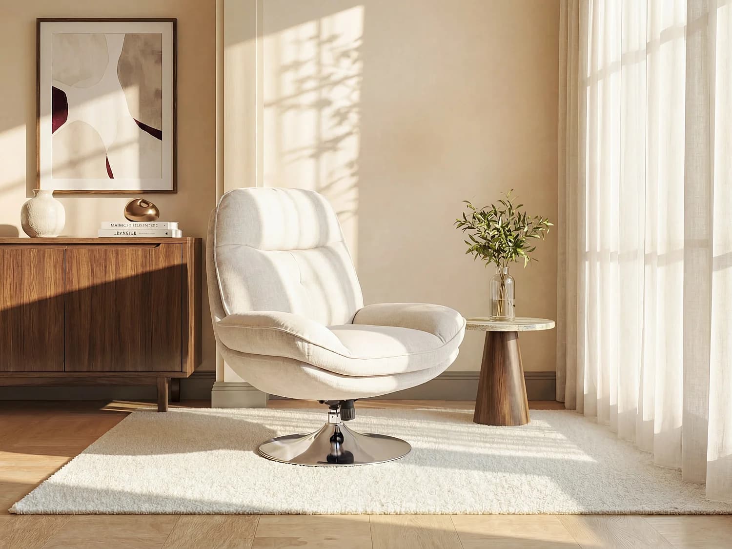 Fauteuil pivotant en tissu texturé beige ILMACA
