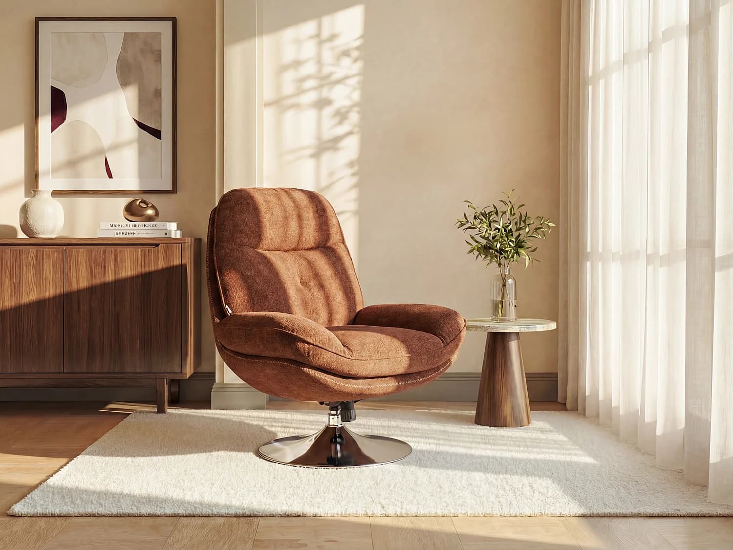 Fauteuil pivotant en tissu texturé terracotta ILMACA