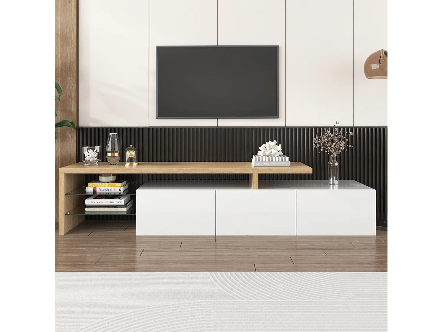Meuble TV blanc 3 portes et étagères en verre, éclairage LED - aspect bois