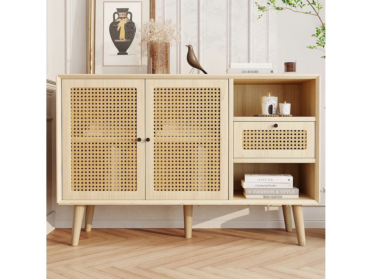 Buffet naturel avec 2 portes en rotin et 1 tiroirs en MDF - 120x40x80 cm