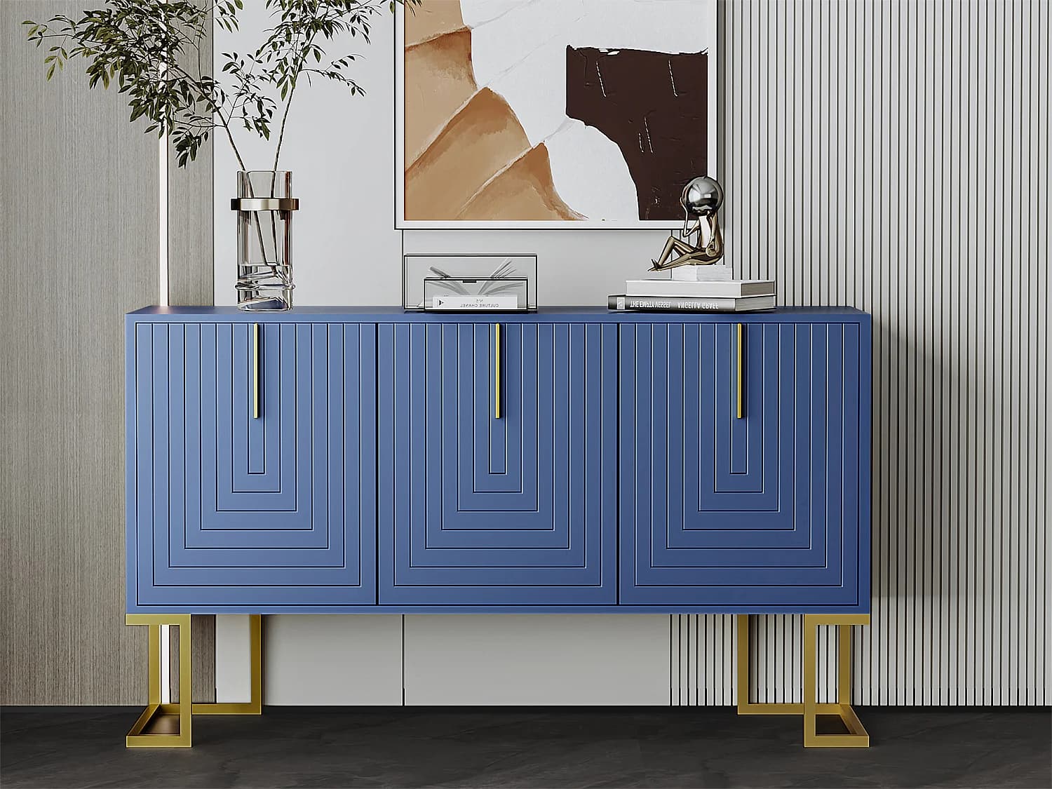 Buffet moderne avec étagères réglables - 3 portes à motif de U - poignées et base en métal - Bleu