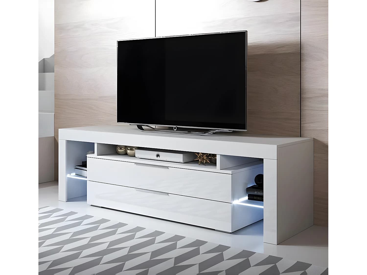 Meuble TV pour Salon Salle à manger en Blanc avec LED 160x35x53cm Selma