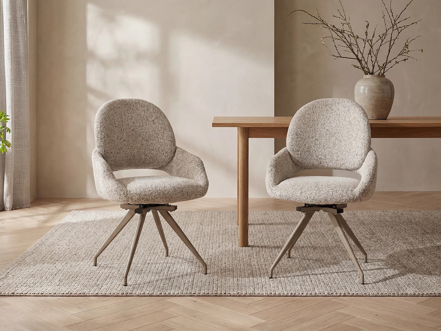 Lot de 2 chaises pivotantes en tissu tweed et métal taupe - Crème - VALIANA
